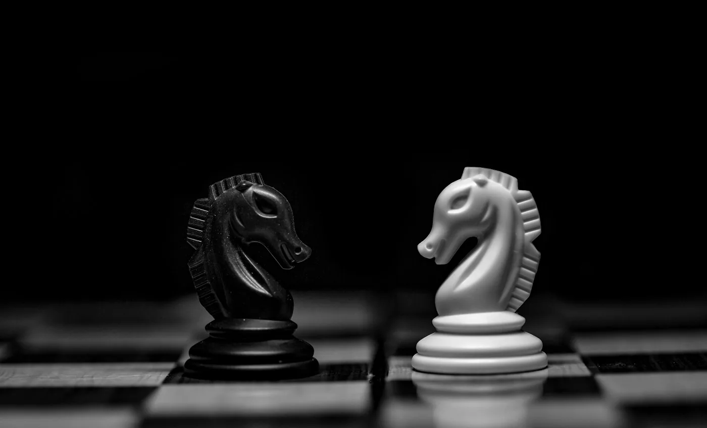 Black and white knight chess pieces facing one another; illustrative photograph, not the Calvert product